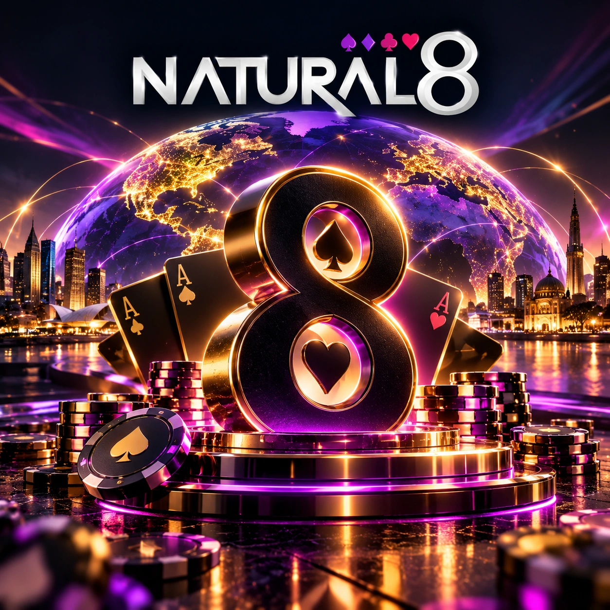 Natural8 poker brand with a luxury spade emblem, poker cards, chips and a glowing global gaming atmosphere.