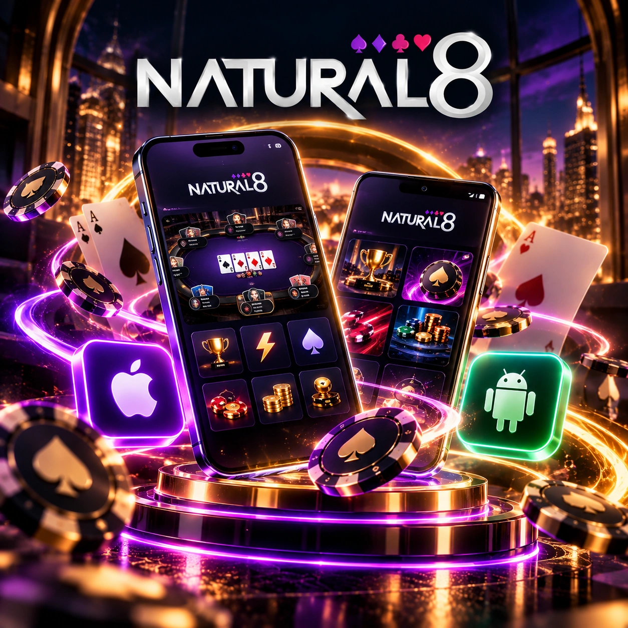 Natural8 mobile app with poker gameplay on smartphones, featuring Apple and Android support in a premium gaming environment.