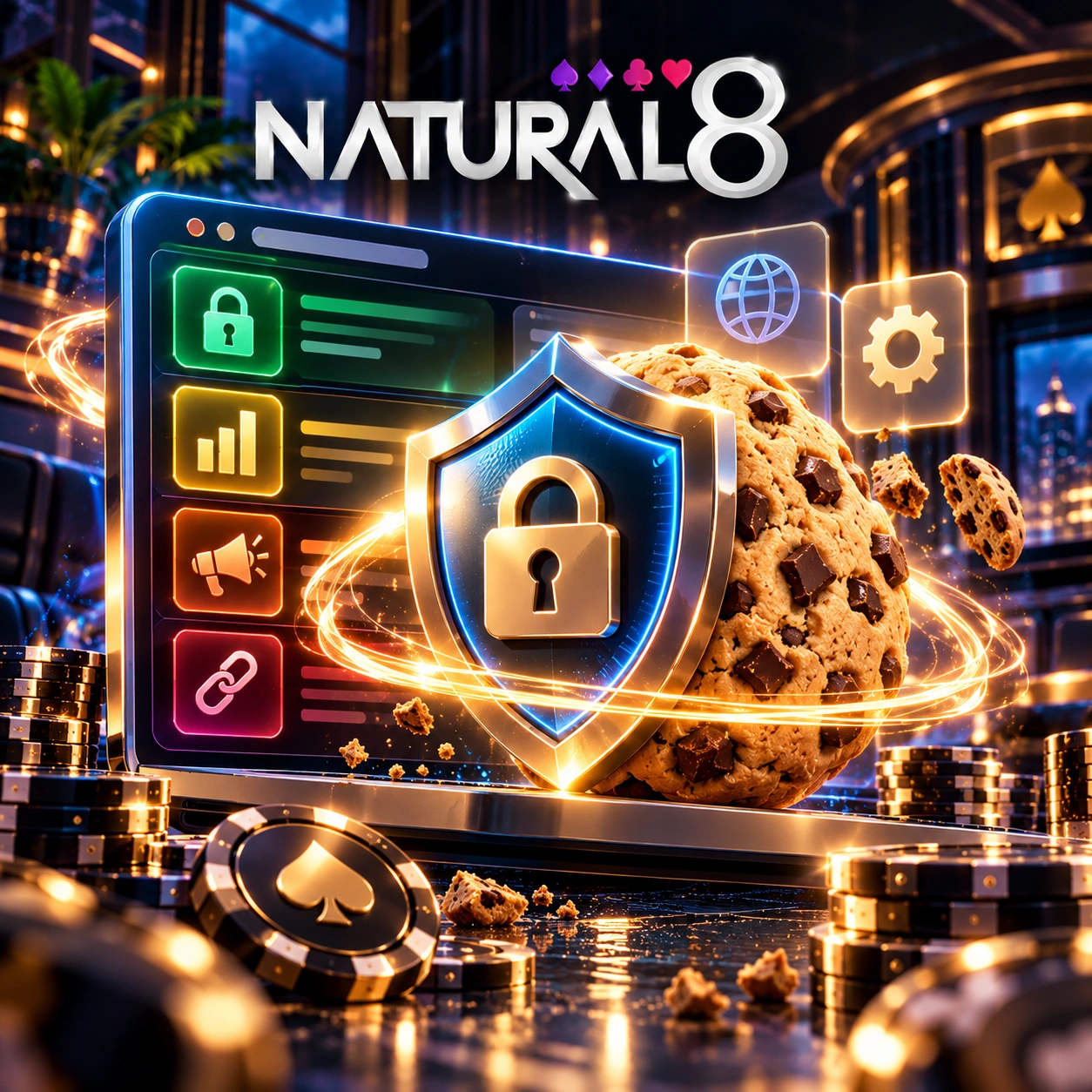 Natural8 Cookie Policy with a secure browser interface, privacy shield, cookies and data protection elements.