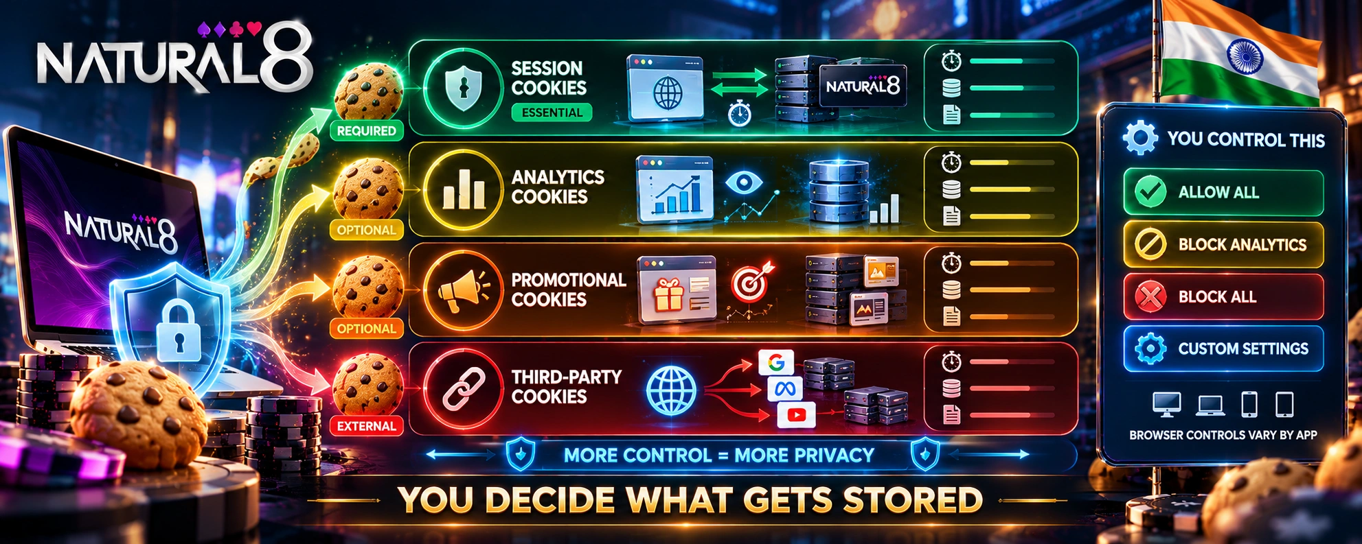 Natural8 cookie policy in India showing session, analytics, promotional and third-party cookies with privacy controls.