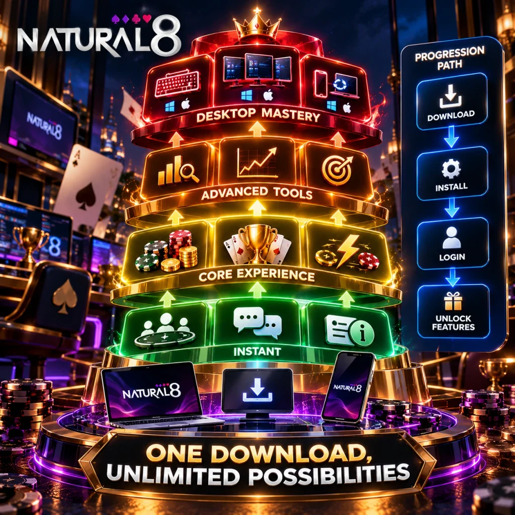 Natural8 download progression showing lobby access, cash games, tournaments, advanced poker tools and desktop features.