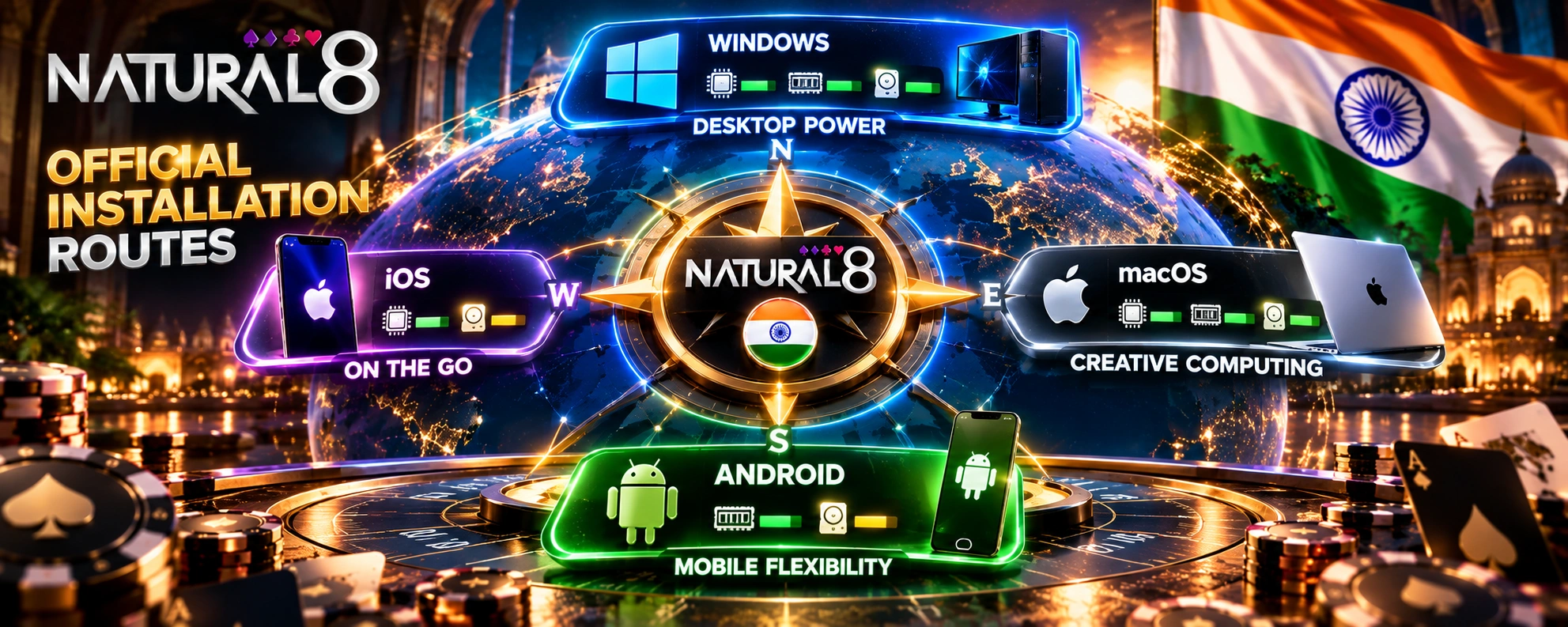 Natural8 platform requirements for Windows, macOS, Android and iOS with device compatibility indicators and installation routes.